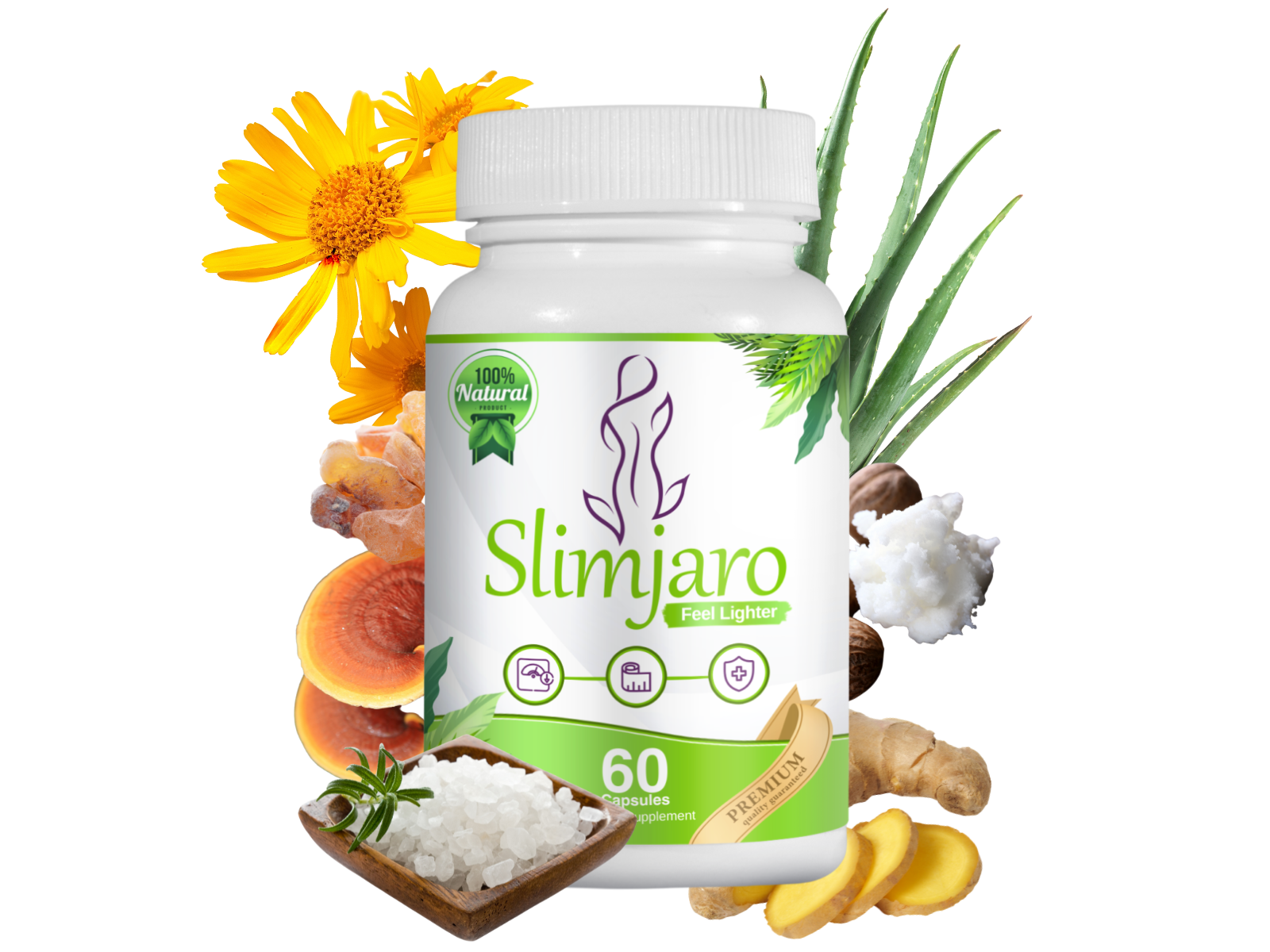 Natural Ingredients Surrounding SlimJaro Bottle